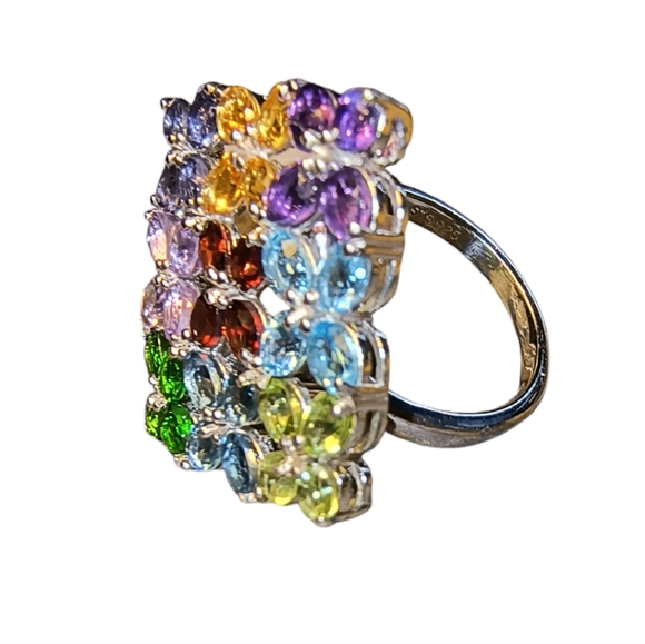 STS Jewels Jewelry - Multi Gemstone & Sterling Silver Large Cocktail Ring Size 8